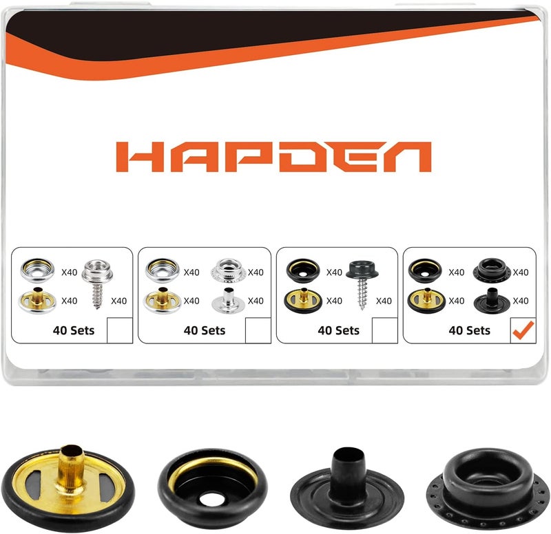 HAPDEN 160 Pcs Snap Buttons,Snap Fasteners Kit 15mm Stainless Steel Snaps Marine Grade Boat Canvas Snaps,3/8" Socket Metal Snaps for Clothing Leather Boat Cover Fabric (Regular-Black) - Image 1
